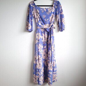 New Eliza J Off-the-Shoulder Floral Print Tie Waist Ruffle Hem A-Line Midi Dress
